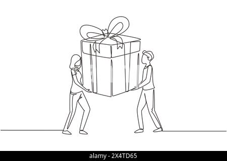 Single continuous line drawing happy couple man and woman are carrying a huge gift box. Big bonus or special offer. Happy birthday present. Dynamic on Stock Vector