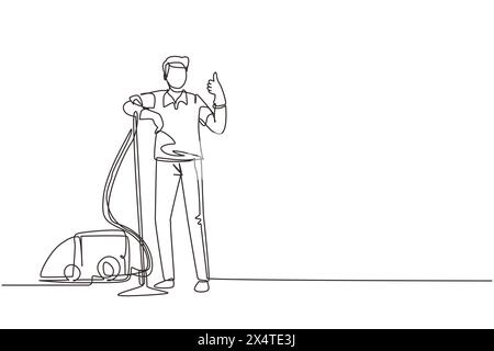 Single continuous line drawing worker of cleaning service. Man dressed in uniform with vacuum cleaner. Washing and cleaning service. Disinfection and Stock Vector