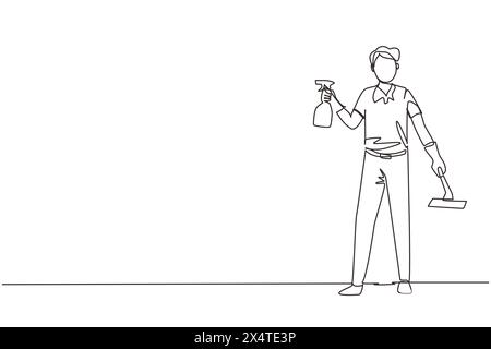Single one line drawing man cleaning and tidying home, male wiping window glass with detergents and special supplies. Cleanup and housekeeping of apar Stock Vector