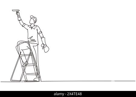 Continuous one line drawing cleaner standing on ladder, washing with sponge. Cleaning service, cleaning tools, washing sponge, house cleaning and hous Stock Vector