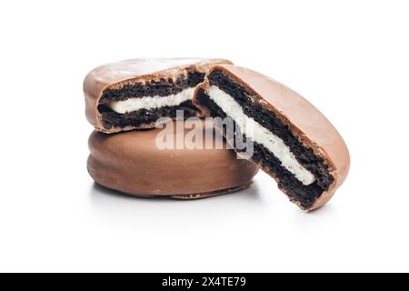 A Close-Up View of Chocolate Covered Biscuits on isolated a White Background Stock Photo