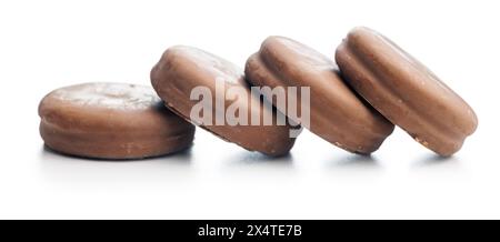 A Close-Up View of Chocolate Covered Biscuits on isolated a White Background Stock Photo