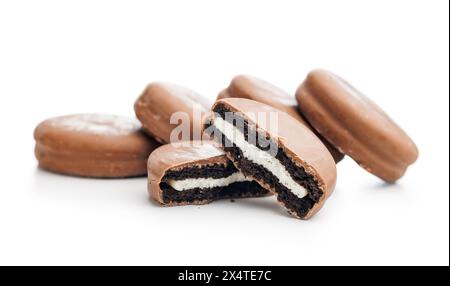 A Close-Up View of Chocolate Covered Biscuits on isolated a White Background Stock Photo