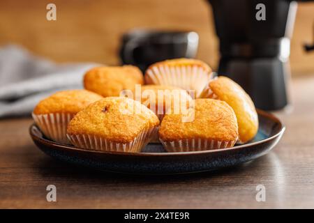 Magdalenas the typical spanish plain muffins on plate on a wooden table. Stock Photo