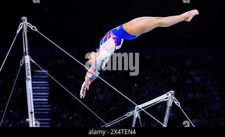 RIMINI - Rebecca Downie (GBR) in action during the event final on uneven bars at the European Gymnastics Championships 2024 in the Fiera di Rimini Stock Photo