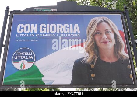 Rome, Italy. 04th May, 2024. A Giorgia Meloni's election poster is seen in a street of Rome, Italy, on May 4 2024. On April 28 the Italian Prime Minister Giorgia Meloni announced her candidacy for Fratelli d'Italia party in incoming European elections. (Photo by Elisa Gestri/Sipa USA) Credit: Sipa USA/Alamy Live News Stock Photo