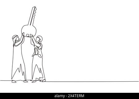 Single continuous line drawing Arabian businessman and businesswoman lift up big key, symbol of success. Male and female hold together key. Partnershi Stock Vector