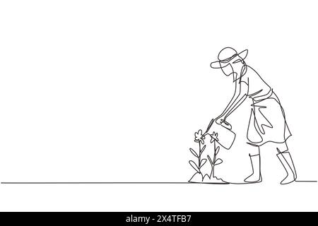Single continuous line drawing girl volunteer watering plant with watering can, volunteering, charity, supporting people. Botanical garden, planting f Stock Vector