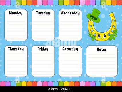 School schedule. Timetable for schoolboys. Empty template. Weekly planer with notes. cartoon character. Vector illustration. Stock Vector