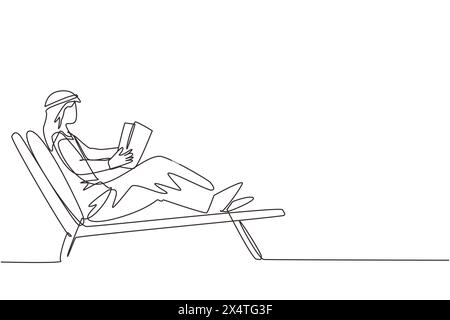 Single one line drawing reclined Arabian man reading book in lounge ...