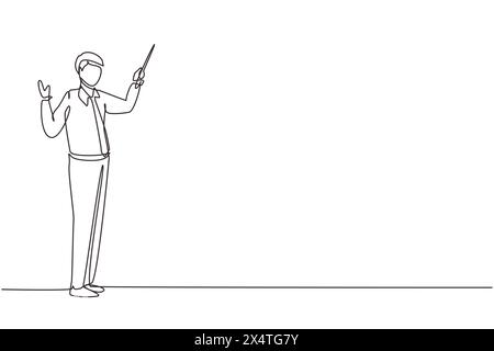 Single one line drawing standing businessman teacher wearing tidy shirt pointing with wooden pointer stick. Educational concept, courses, trainings. C Stock Vector