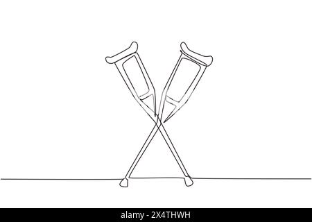 Single one line drawing crutches logo. Elbow crutch, telescopic metal crutch. Medical equipment for rehabilitation of people with diseases of musculos Stock Vector