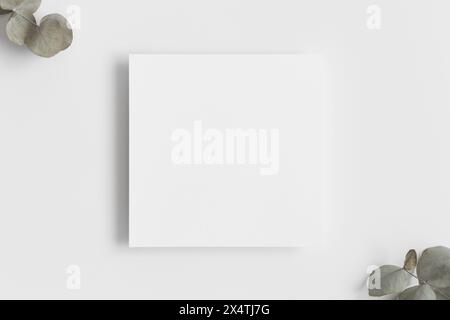 Invitation square card mockup with eucalyptus branches. Stock Photo