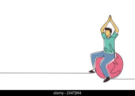 Single continuous line drawing physiotherapy rehabilitation isometric composition with male patient sitting on top of rubber ball with lifting both hi Stock Vector