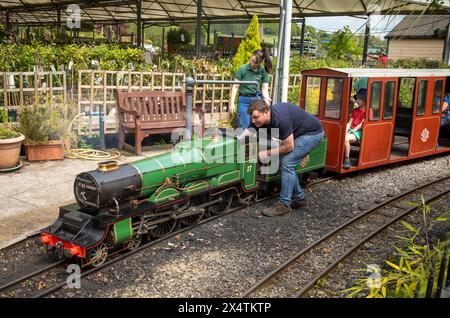 Volunteers ready The Railway Mission minature steam locomotive and its carriages at South Downs Light Railway, Pulborough, UK Stock Photo