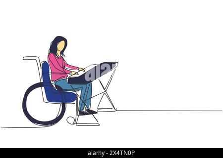 Single continuous line drawing beautiful female sit wheelchair playing electric keyboard, sing song. Physically disabled. Rehabilitation center patien Stock Vector