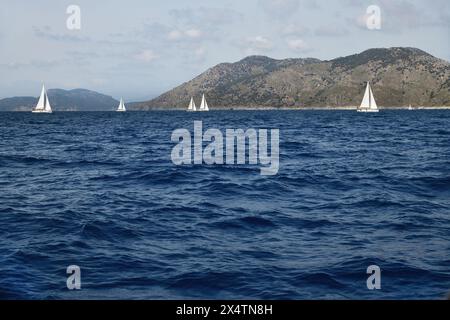 Sailing regatta in Turkey. Beautiful white yachts, sailboats or sail boats sailing at sea Stock Photo