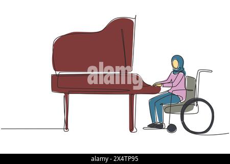 Continuous one line drawing disabled young Arab woman in wheelchair playing piano in concert. Disability and classical music. Physically disabled. Sin Stock Vector