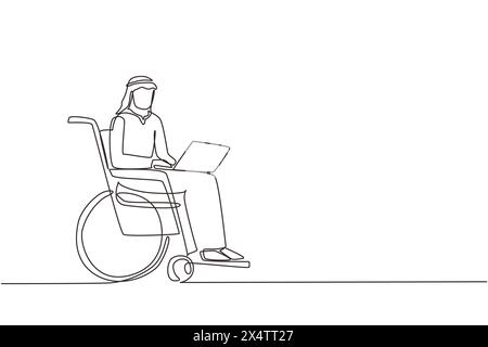 Single continuous line drawing disabled Arab man working on laptop. Wheelchair, idea, computer. Freelance, disability. Online job, startup. Physical d Stock Vector