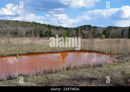 Sedimentation basin on old copper mining site. Pond with orange water Stock Photo