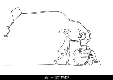 Single continuous line drawing happy child disabled concept. Hand drawn little girl pushing boy in wheel chair with flying kite. Disabled has fun outs Stock Vector