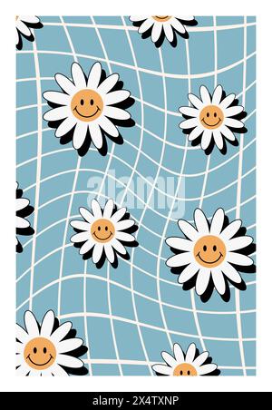 Psychedelic Checkerboard. Waves groovy background with funky flowers. Hippie wallpaper in Y2k style. Retro vector illustration. Distorted geometric Stock Vector