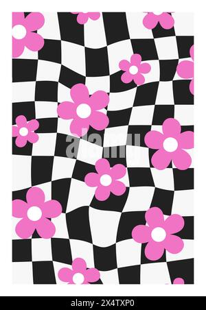 Psychedelic Checkerboard. Waves groovy background with funky flowers. Hippie wallpaper in Y2k style. Retro vector illustration. Distorted geometric Stock Vector