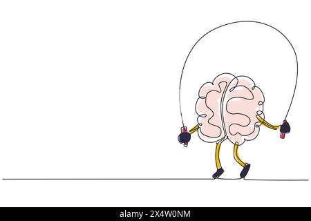 Single continuous line drawing brain training with rope jumping flat design. Creative idea. Fitness brain concept. Doodle style. Character brain for s Stock Vector