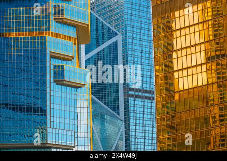 Glass frames and stylistic figures in shimmering gradients, abstract reflections of mirrors in prism of refractions of buildings, intricate interweavi Stock Photo