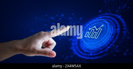 A hand pointing at a blue circle with a series of lines and numbers. Concept of data visualization and the importance of Big Data analysis, Business p Stock Photo