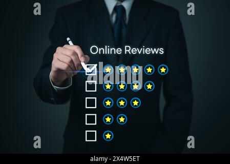 Man hands are shown giving feedback five-star rating on a smartphone customer satisfaction with online reviews questionnaire. Stock Photo