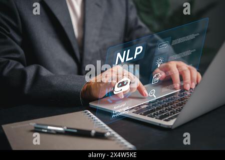 Professional with AI and NLP graphics, highlighting cutting-edge tech in business. showcasing innovation Stock Photo