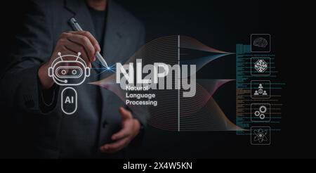 Professional with AI and NLP graphics, highlighting cutting-edge tech in business. showcasing innovation Stock Photo