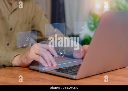 User laptop with live streaming controls. Online Video streaming on internet digital multimedia player. Stock Photo