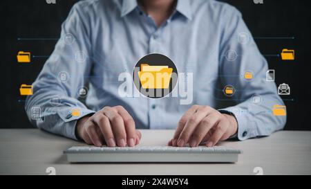 Professional working on computer with document management system visualization. manage file data information storage process working server cloud Stock Photo