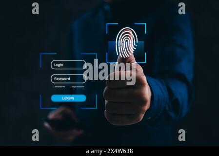 man with Fingerprint Authentication Technology for Secure Login on Digital Interface cyber security Stock Photo