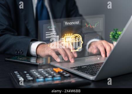 Businessman uses artificial intelligence AI on laptop analyze financial statistics and big data visualizations. Business research database report proc Stock Photo