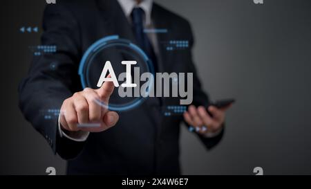 Businessman touching an AI artificial intelligence concept hologram on a digital interface. Business innovation technology futuristic analytics system Stock Photo