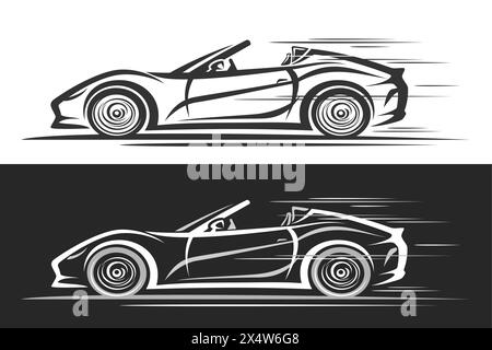 Vector logo for Sport Car, horizontal automotive banner with simple contour illustration of monochrome concept car with open roof in motion, decorativ Stock Vector