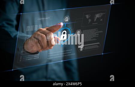 Hand touch virtual screen with an interactive cybersecurity interface featuring a padlock symbol, digital protection methods. Stock Photo