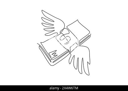 Continuous one line drawing flying money stacks of dollar banknotes. Budget Spending, Bill Expenses. Business, Financial concept. Winged American curr Stock Vector