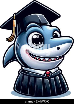 Shark cartoon donning a cap and gown for graduation. Stock Vector