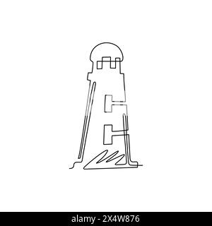 Single one line drawing lighthouse, beacon logo icon. Modern linear simple logotype template for poster banner. Lighthouses and ocean waves. Continuou Stock Vector