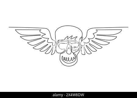 Continuous one line drawing winged skull grim reaper drawing in a vintage retro woodcut etched or engraved style. Winged human skull isolated logo. Si Stock Vector