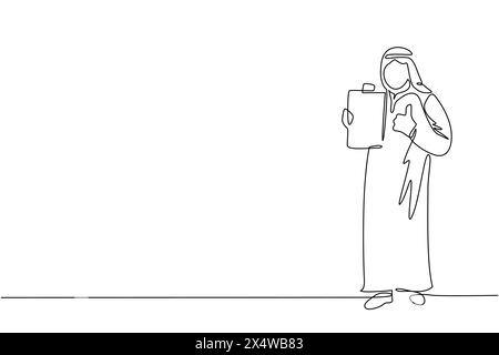 Single continuous line drawing Arabian businessman wearing traditional clothes holding clipboard and making or showing thumbs up gesture. Person keepi Stock Vector