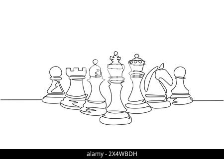 Single one line drawing chess pieces aligned, luxury hand drawn or engraving. King, Queen, Bishop, Knight, Rook, Pawn. Leader success concept. Continu Stock Vector