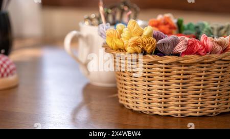 Crafter's Paradise: Vibrant Embroidery Threads in a Wicker Basket Stock Photo