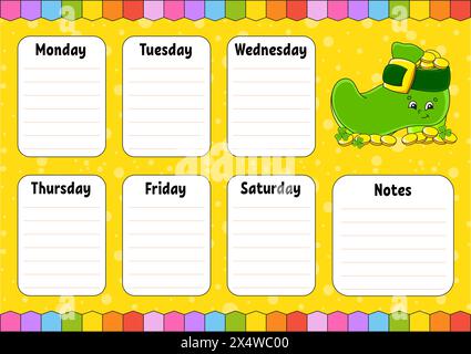 School schedule. Timetable for schoolboys. Empty template. Weekly planer with notes. cartoon character. Vector illustration. Stock Vector