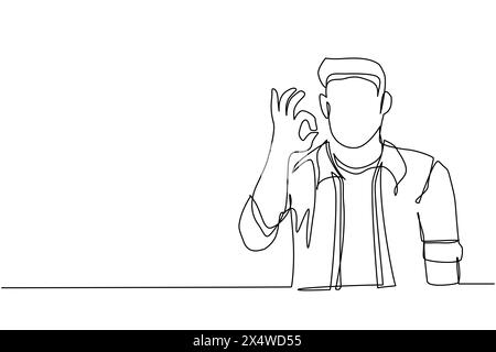 Continuous one line drawing man in casual clothes gesturing ok sign. Okay sign, gesture language concept. Smiling man standing showing ok sign with fi Stock Vector