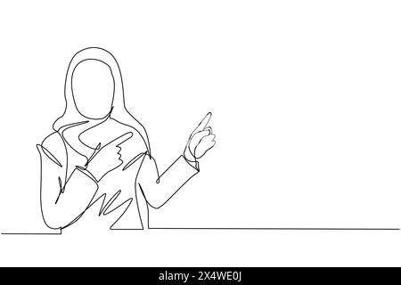 Single one line drawing Arabian woman pointing away hands together and showing or presenting something while standing and smiling. Emotion and body la Stock Vector